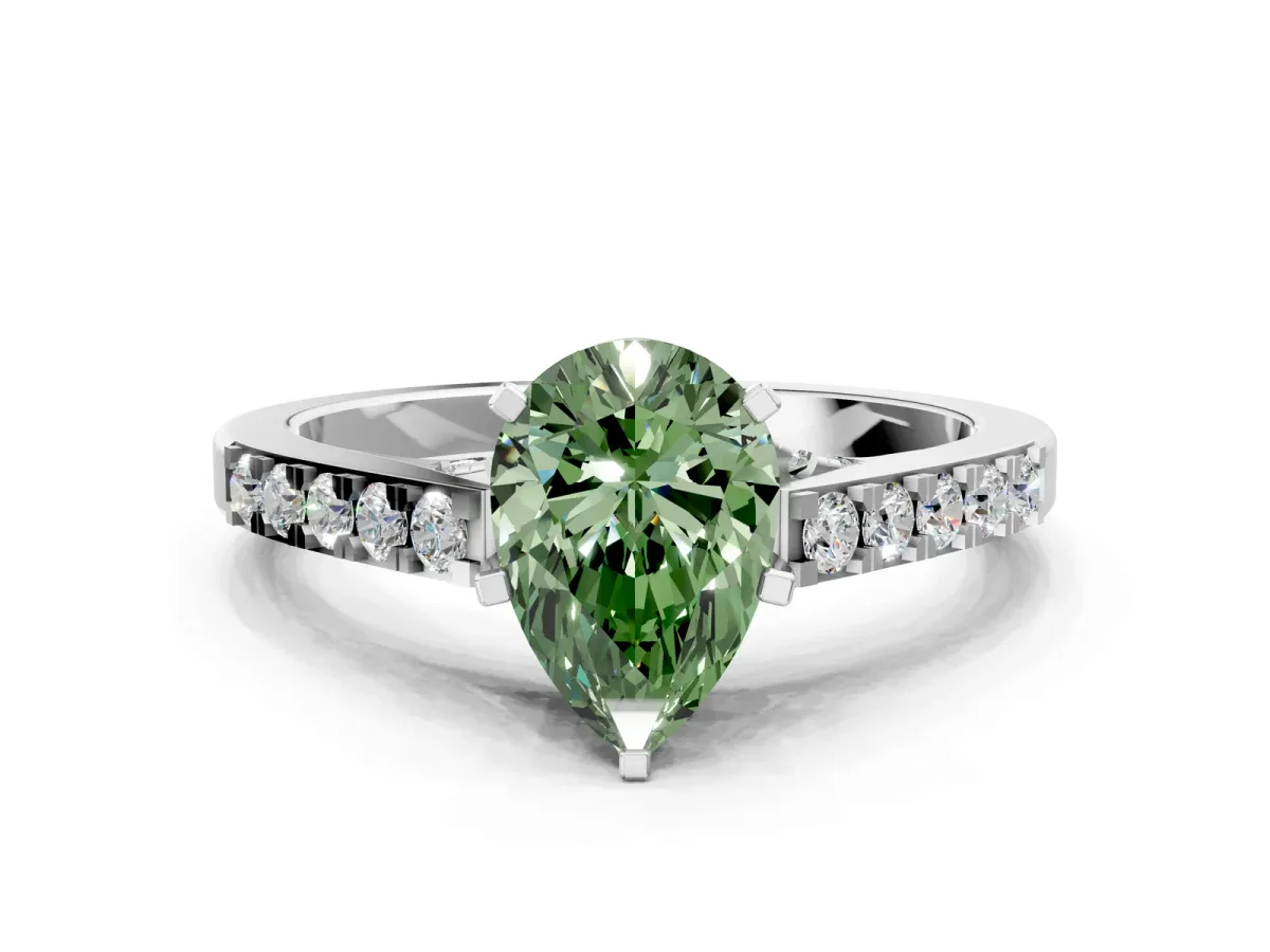 Fancy Green Pear Cut Diamond Solitaire Ring with Crossover Gallery and Round Pavé Band Silver