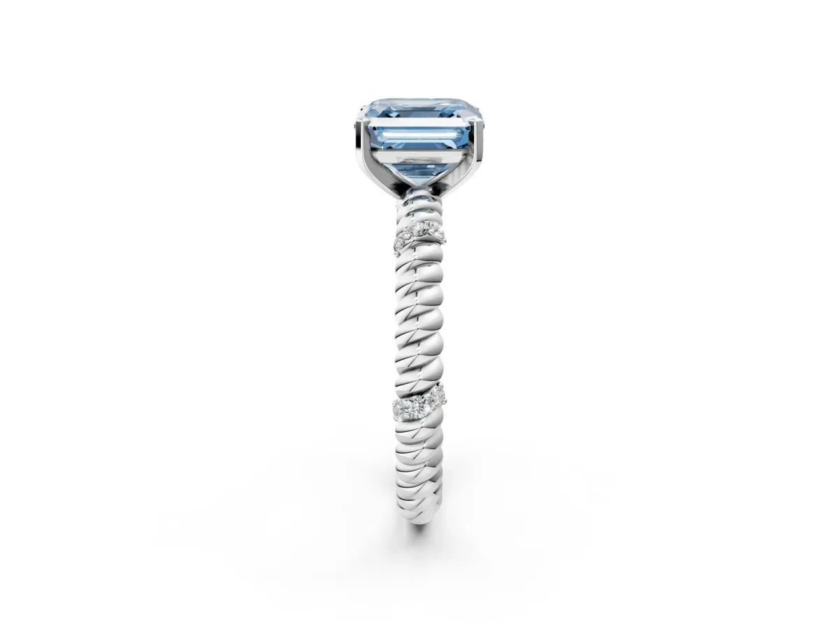 Fancy Blue Asscher Cut Solitaire Twisted Band Prong Set Engagement Ring Silver