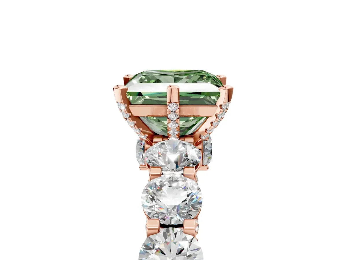 Fancy Green Princess Cut Diamond Side Stone Engagement Ring with Four-Prong Setting Rose gold