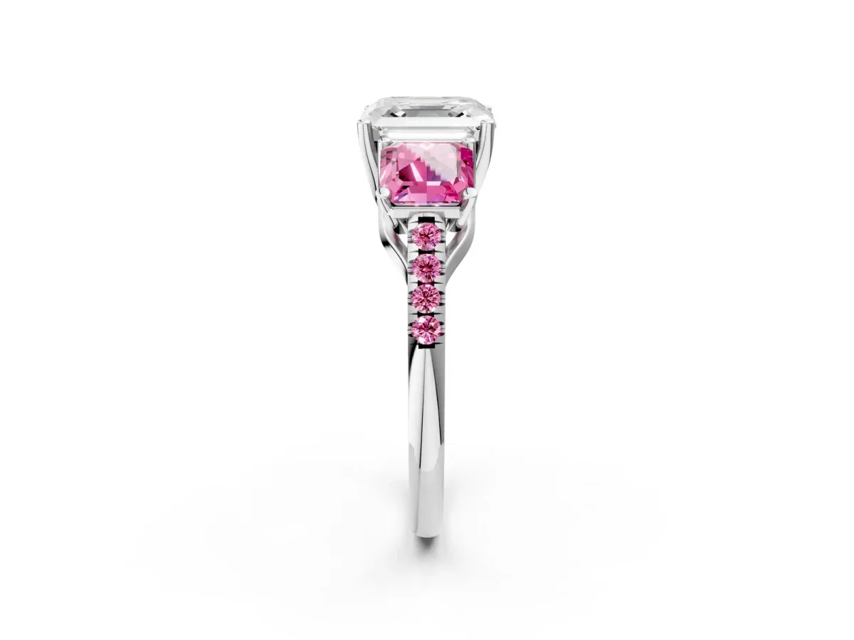 Three-Stone Asscher Cut Diamond Ring with Round Pink Sapphire Pavé Band and Prong Setting Silver