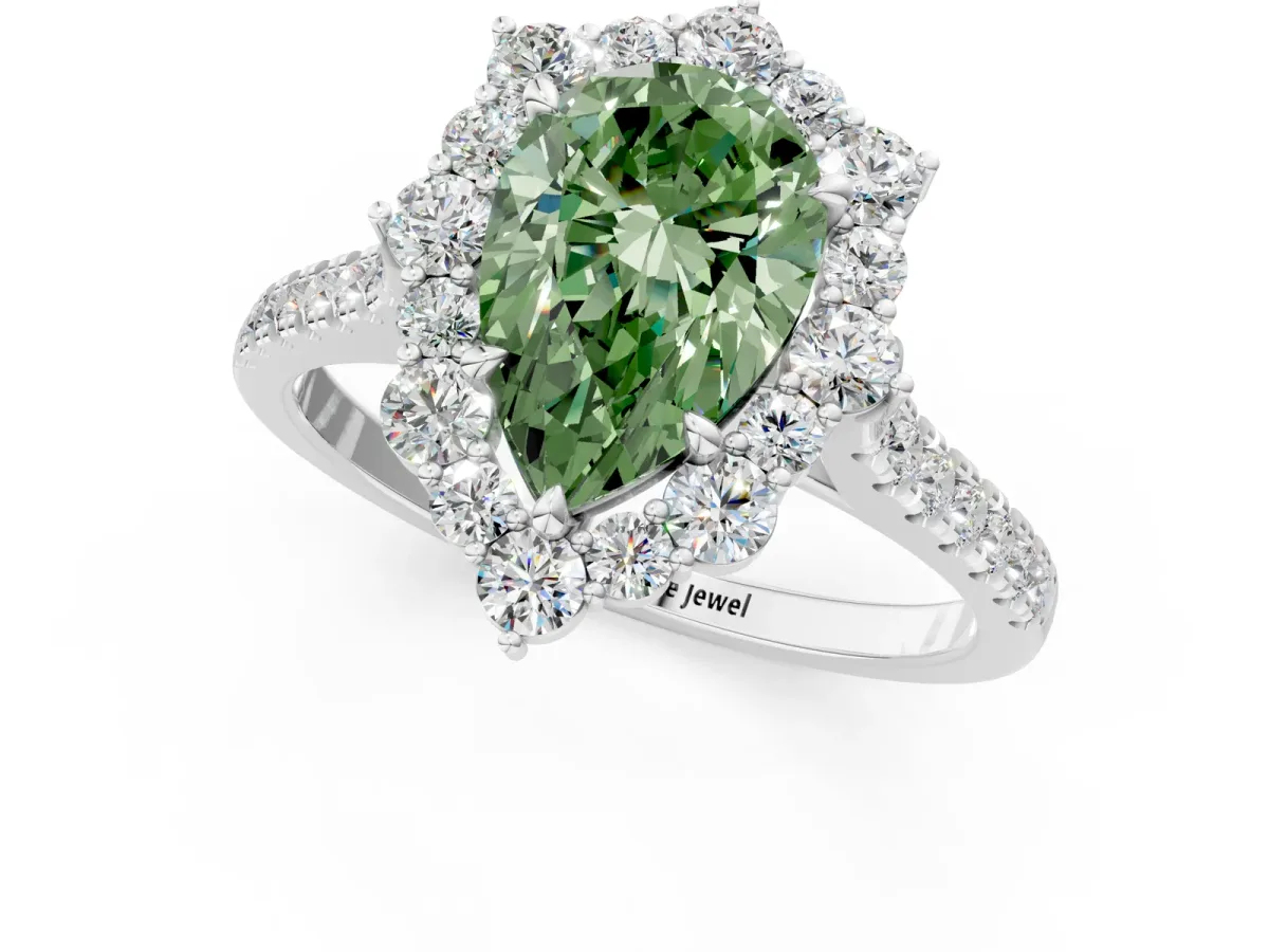 Fancy Green Pear Cut Halo Diamond Ring with Pavé Band and Prong Setting Silver