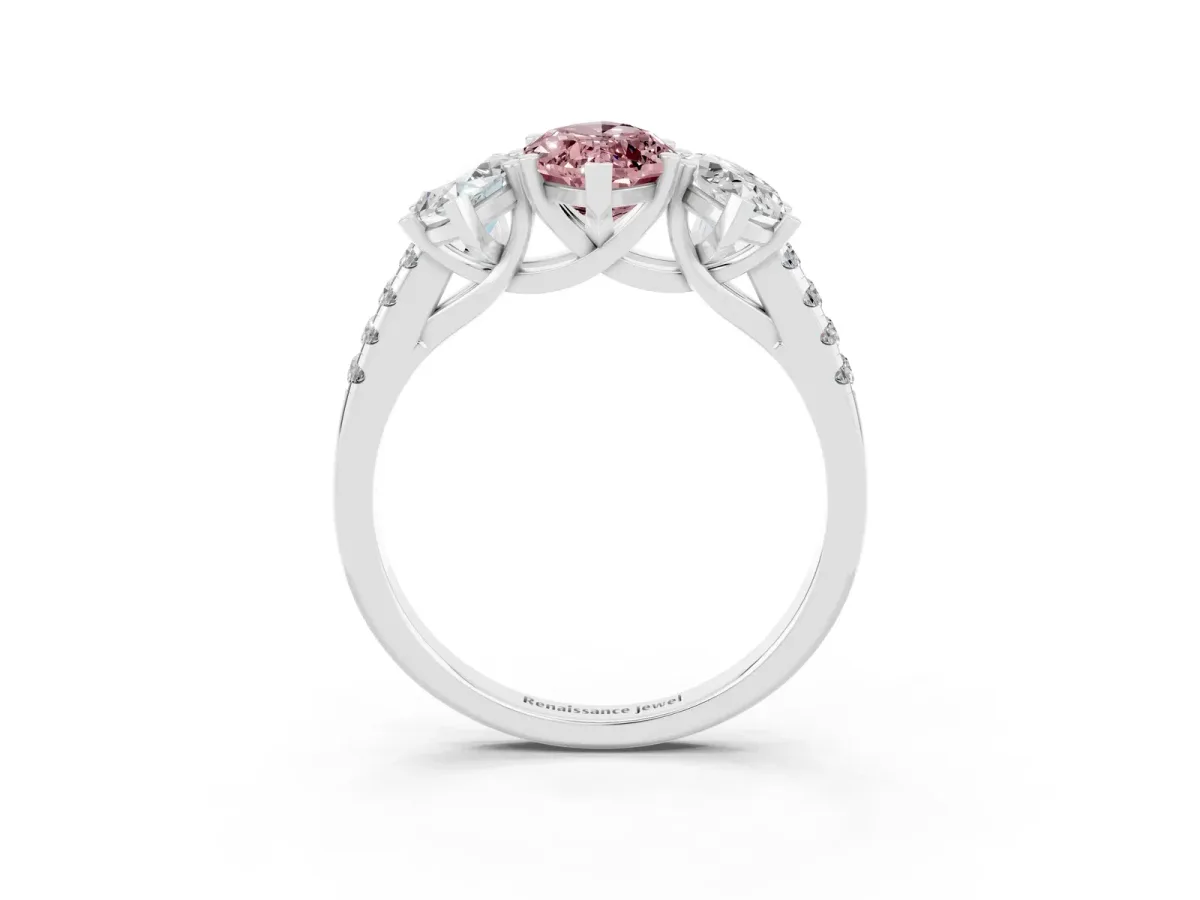 Three-Stone Marquise Cut Morganite Ring with Round Pavé Band and Prong Setting Silver