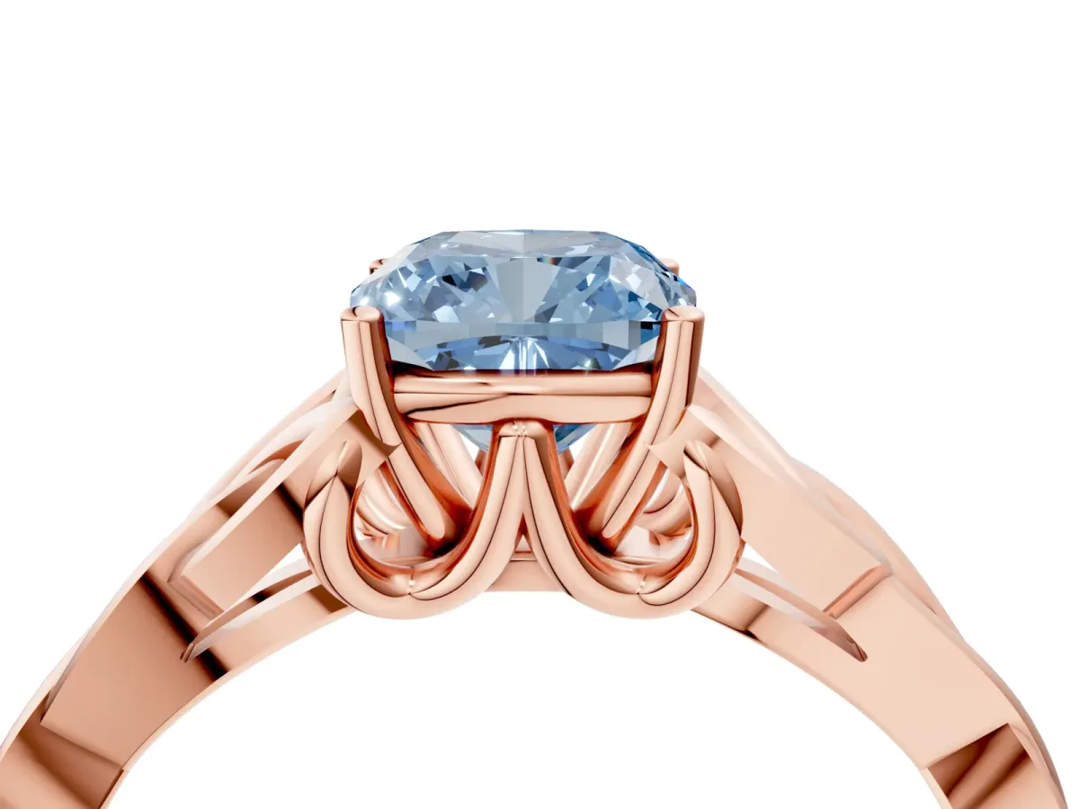 Fancy Blue Cushion Cut Diamond Solitaire Celtic Knot Ring with Four-Prong Setting Rose gold