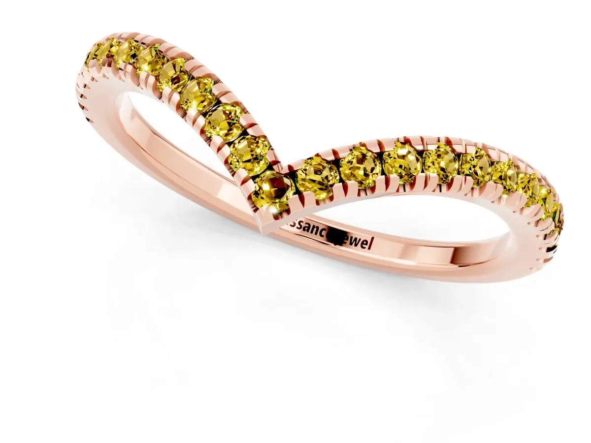 Pavé Round Yellow Sapphire V-Shaped Chevron Band with Shared Prong Setting Rose gold