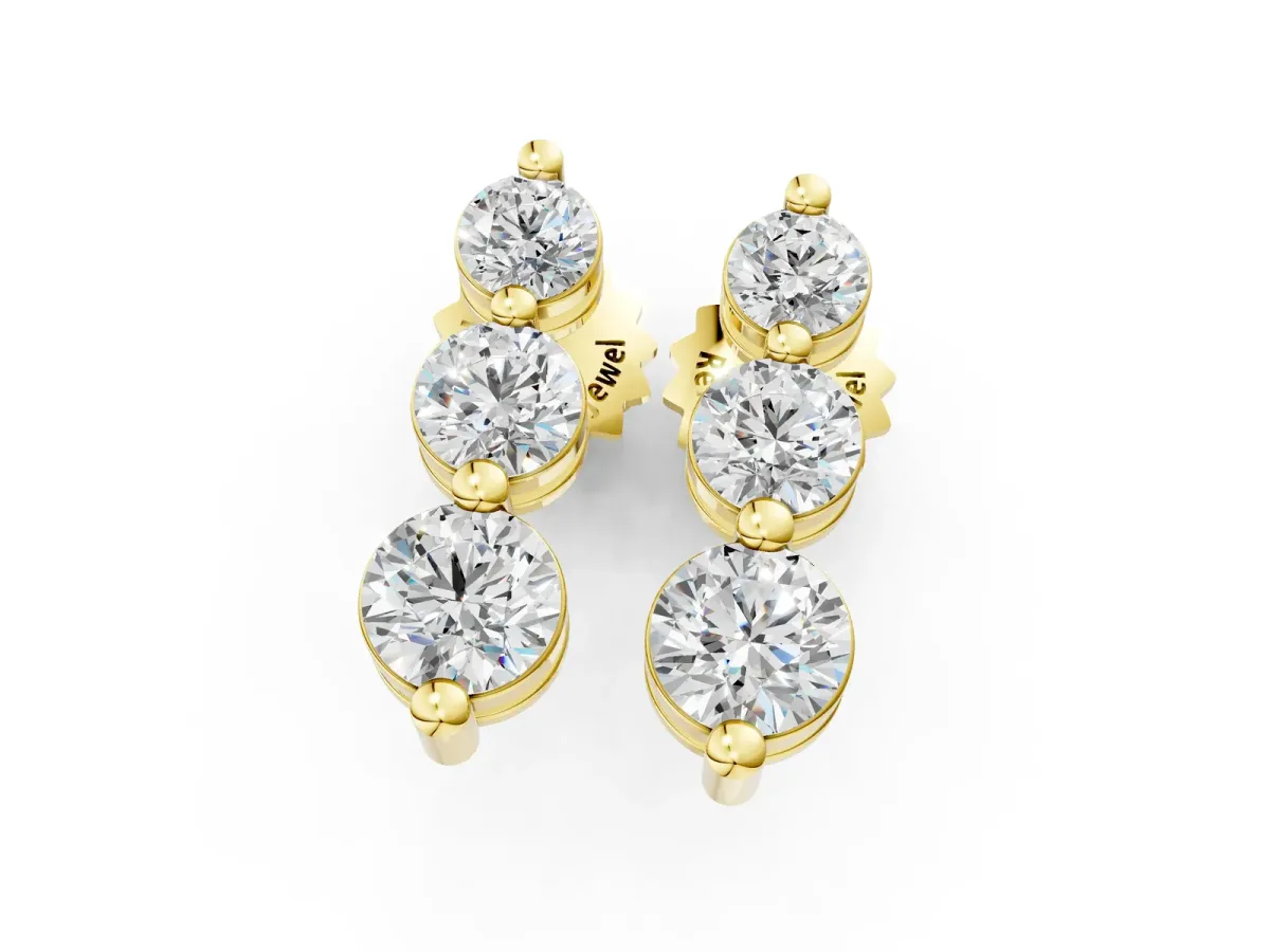 Three-Stone Round Diamond Drop Earrings with Prong Setting on White Gold Yellow gold