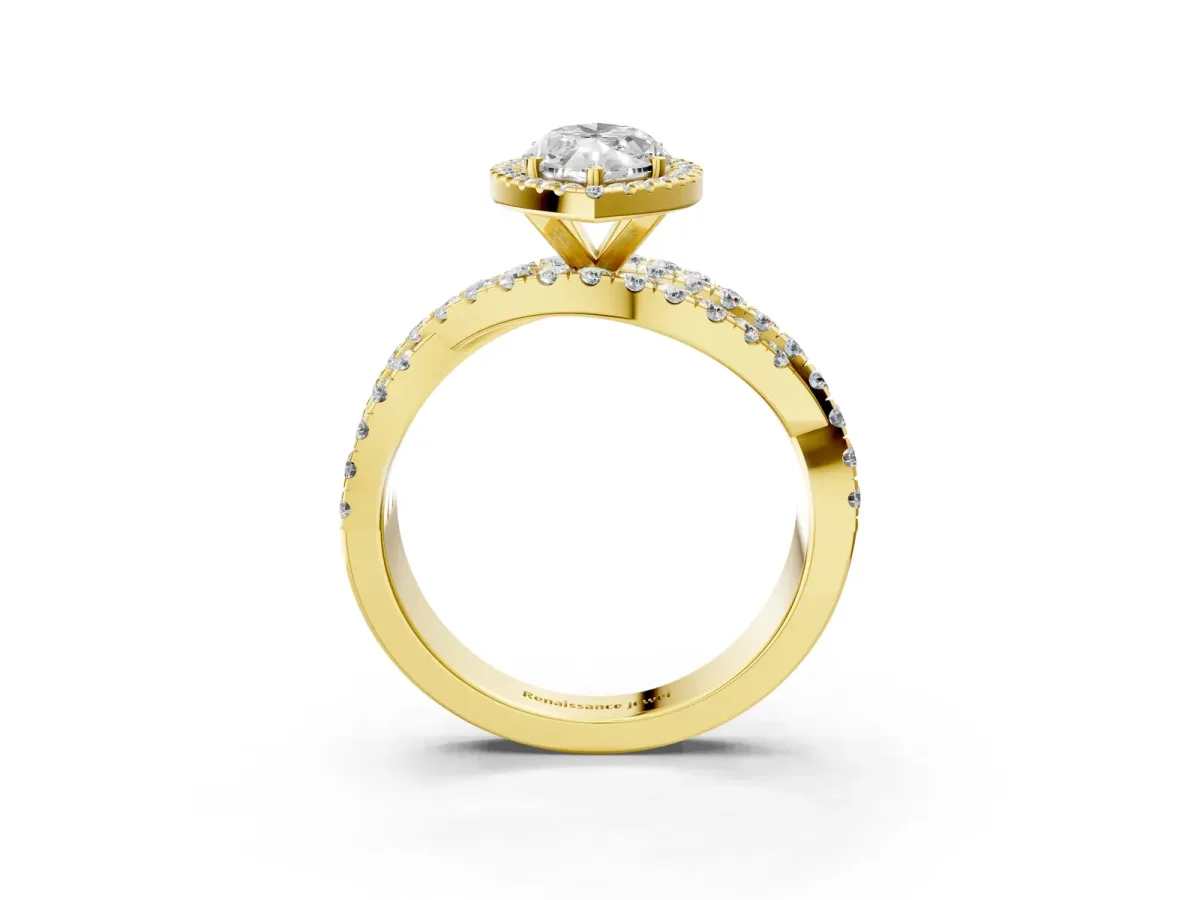 Marquise Cut Diamond Halo Ring with Round Split Shank and Prong Setting Yellow gold