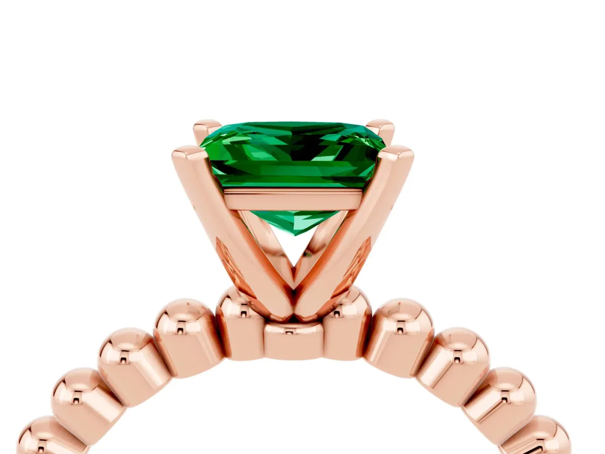 Princess Cut Emerald Solitaire Ring with Beaded Band and Prong Setting Rose gold