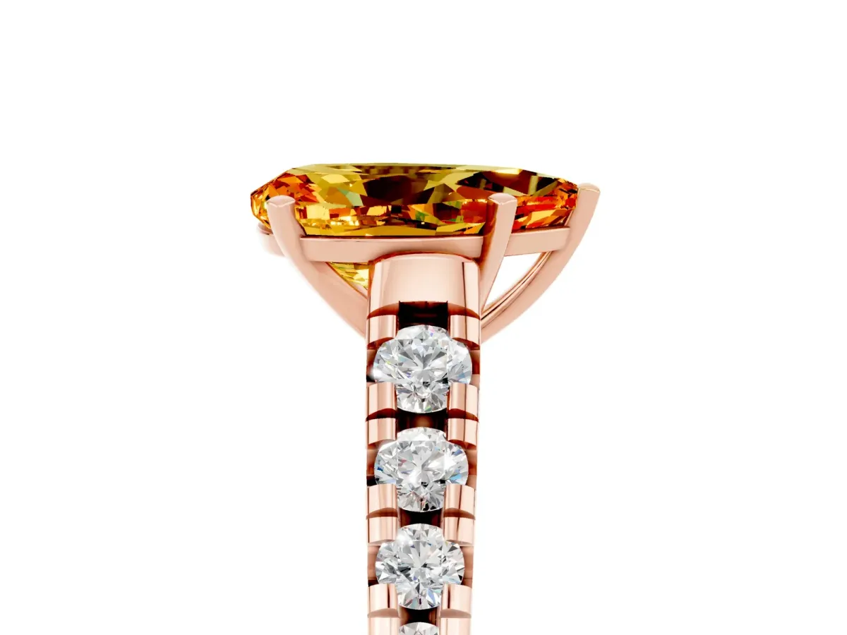 Pear Cut Citrine Cathedral Solitaire Ring with Round Pavé Band Rose gold