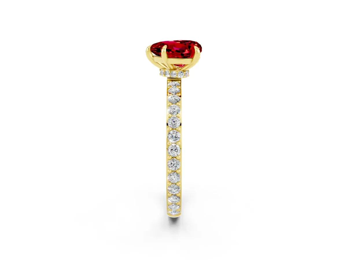 Heart Cut Ruby Solitaire Engagement Ring with Pavé Band and Four-Prong Setting Yellow gold