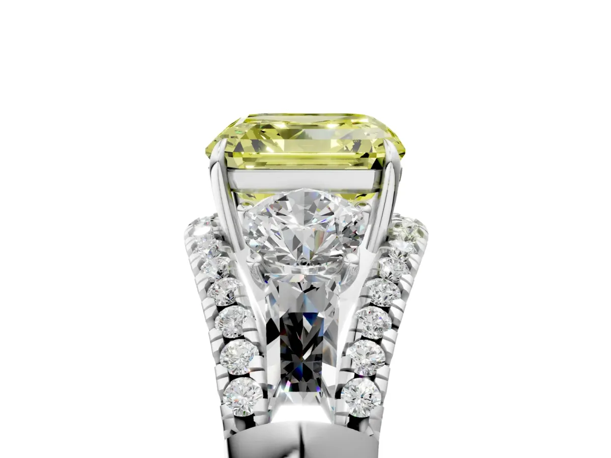 Fancy Yellow Three-Stone Asscher Cut Diamond Engagement Ring with Pave Band and Prong Setting Platinum
