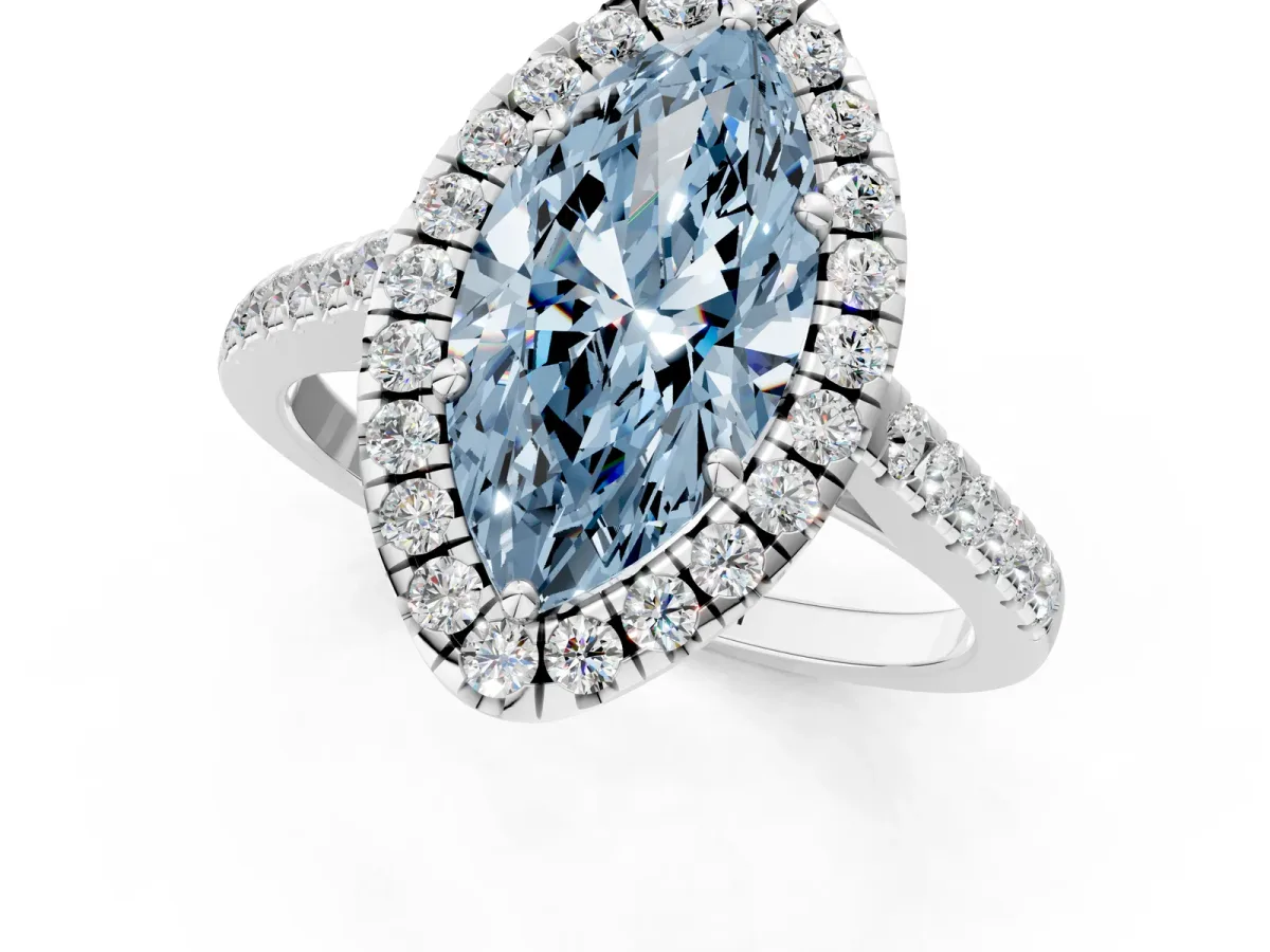 Fancy Blue Marquise Cut Halo Pavé Diamond Engagement Ring with Four-Prong Setting Silver