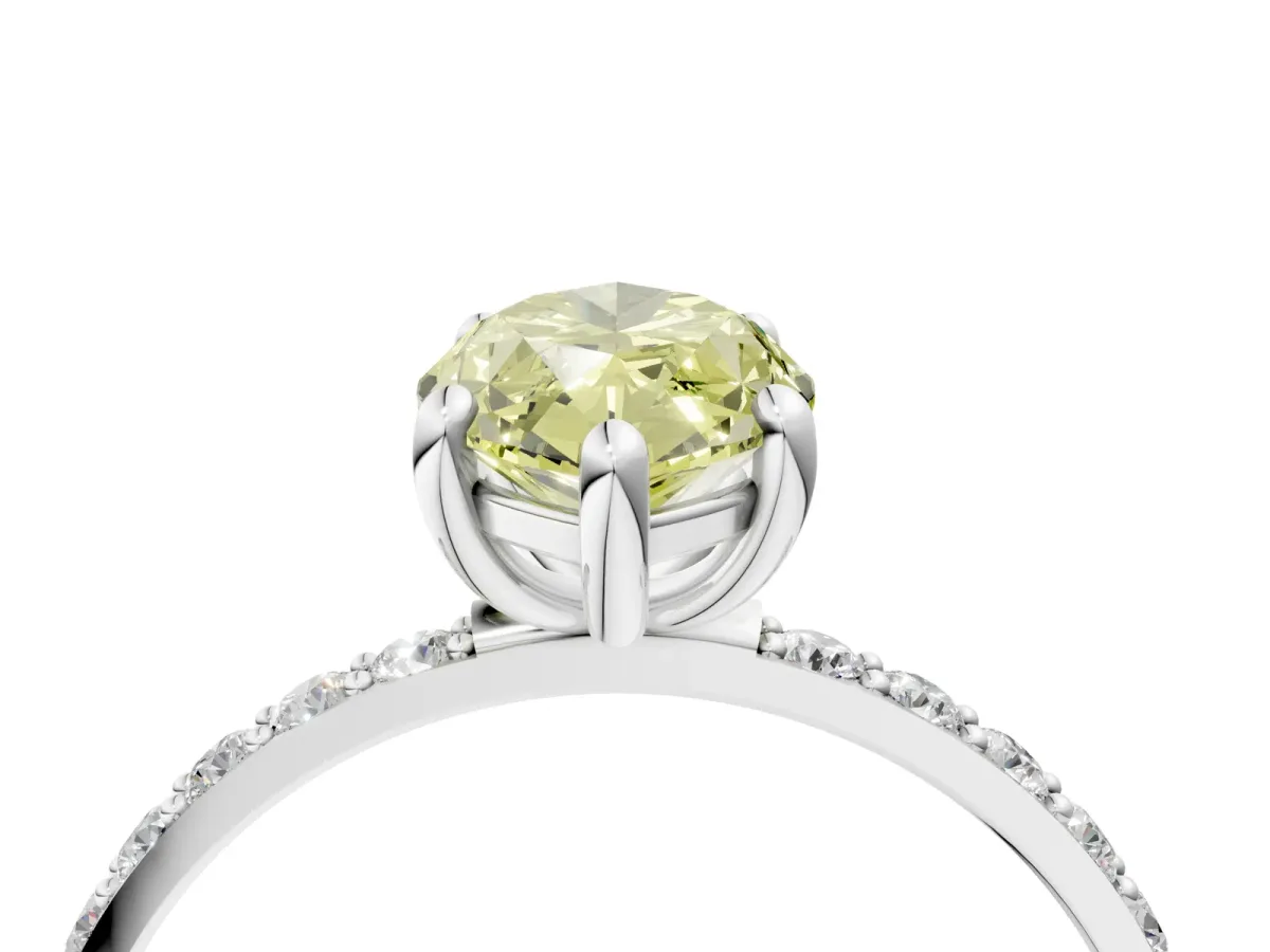 Fancy Yellow Marquise Cut Diamond Solitaire Ring with Round Pavé Band and Prong Setting Silver