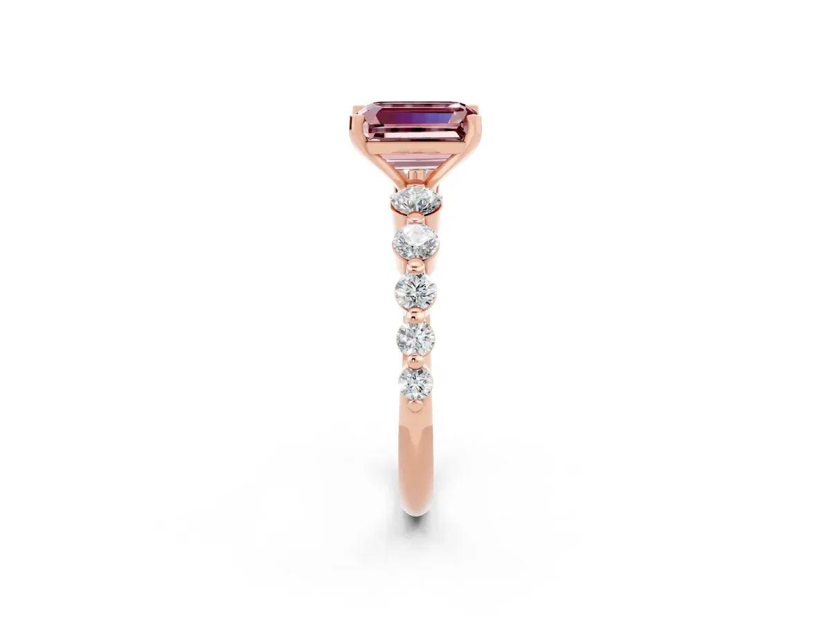 Emerald Cut Solitaire Morganite Ring with Pave Band and Four-Prong Setting Rose gold