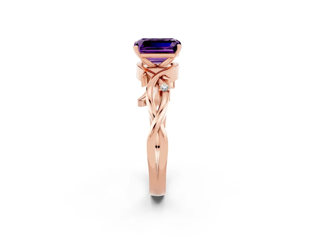 Emerald Cut Amethyst Solitaire Ring with Twisted Band and Prong Setting Rose gold
