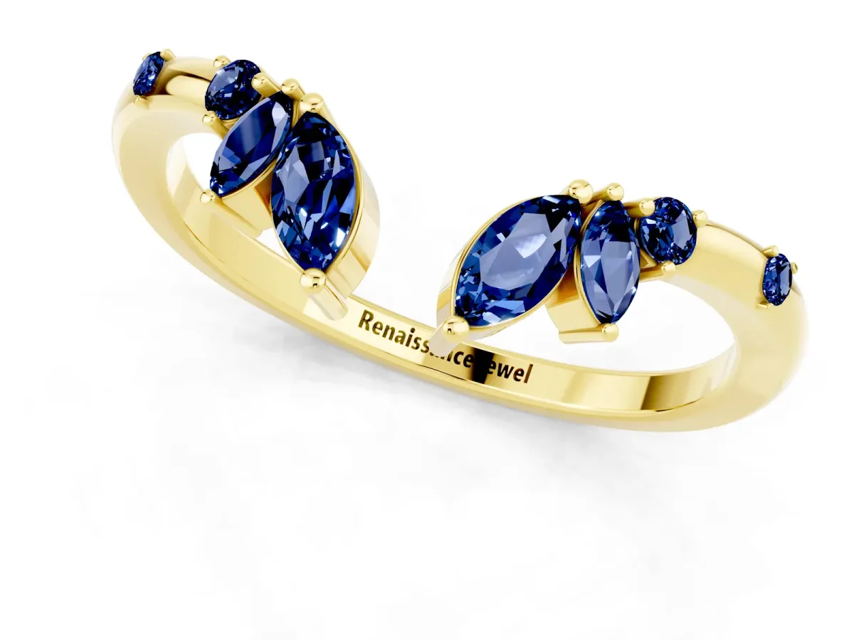 Open Marquise Cluster Blue Sapphire Band with Prong Setting Yellow gold
