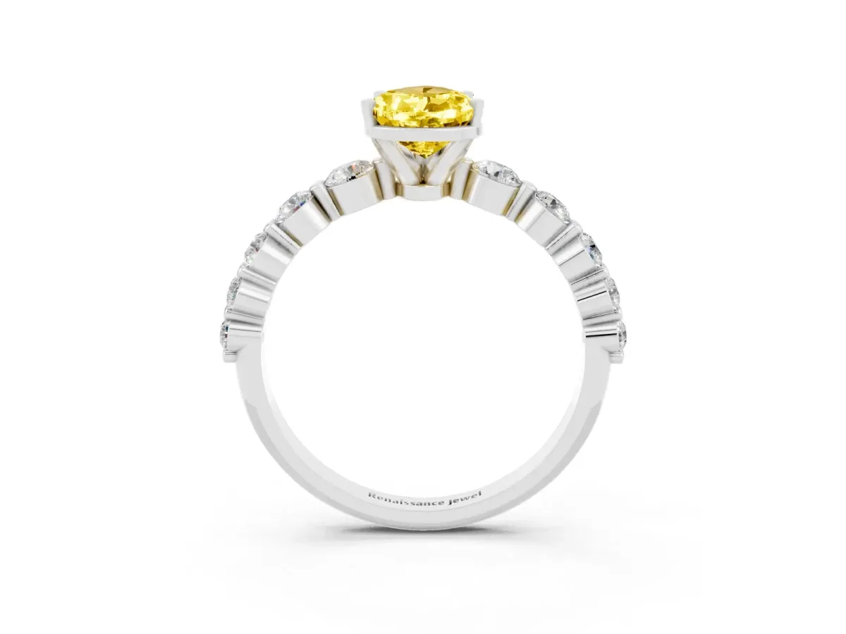 Pear Cut Solitaire Yellow Sapphire Ring with Pave Band and Four-Prong Setting Silver
