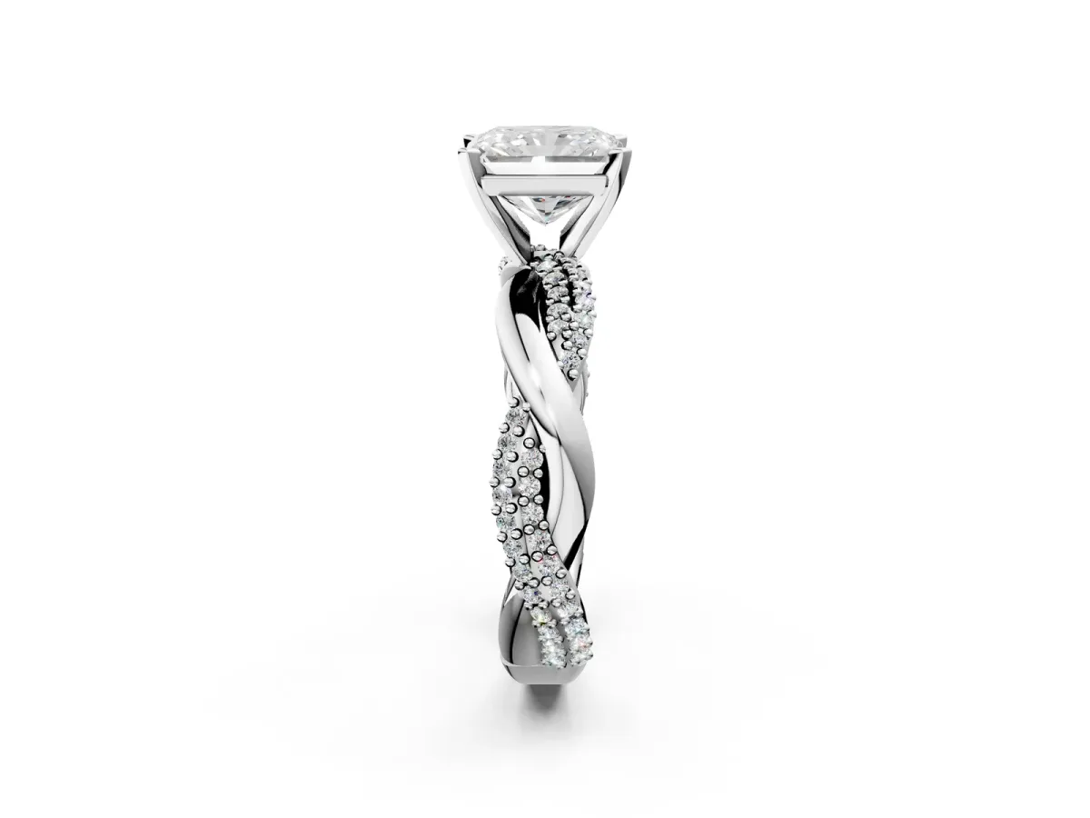 Radiant Cut Solitaire Twist Band with Pave Prong Setting Platinum