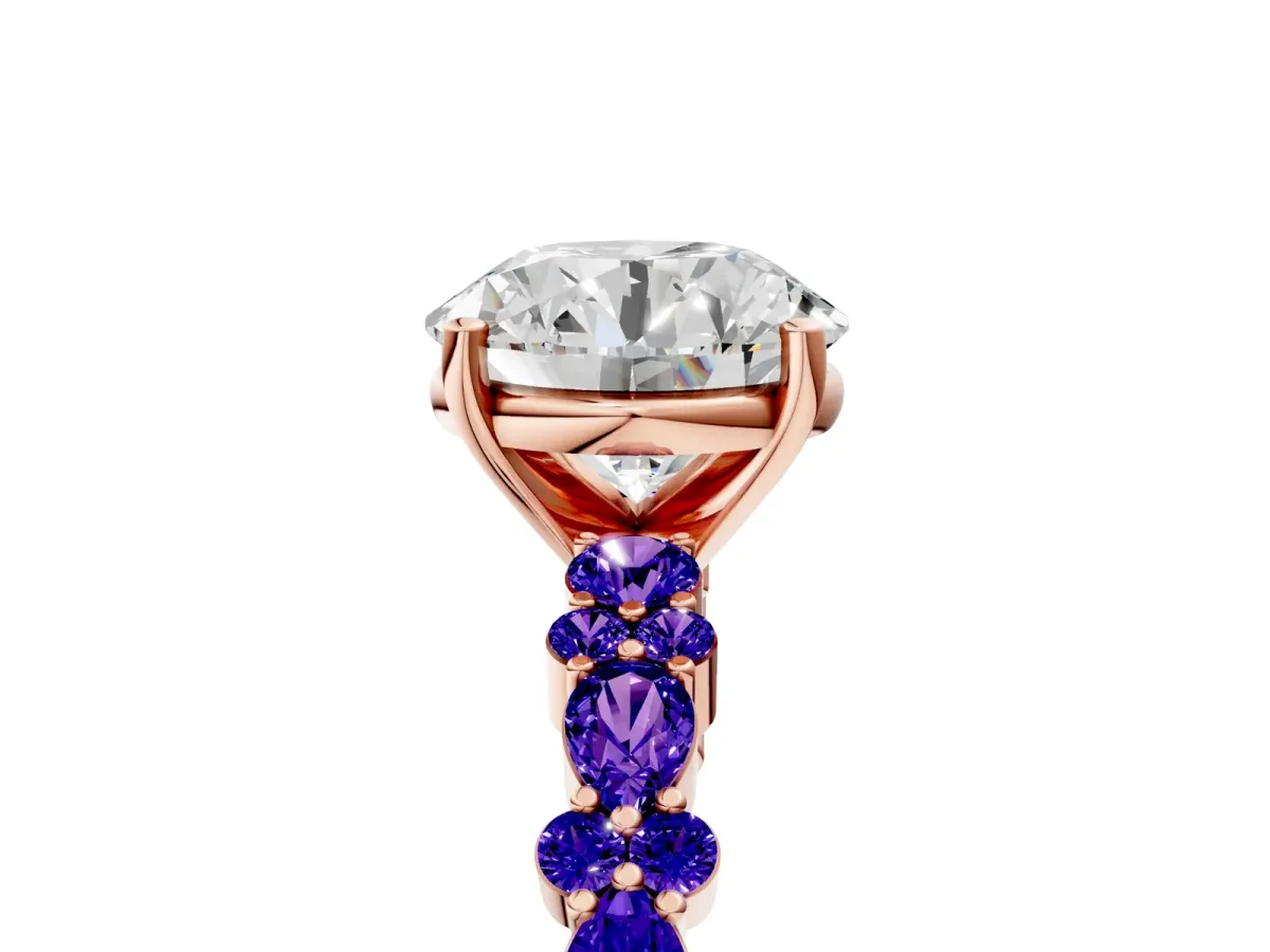 Round Cut Diamond Side Stone Solitaire Ring with Round Tanzanite and Four-Prong Setting Rose gold