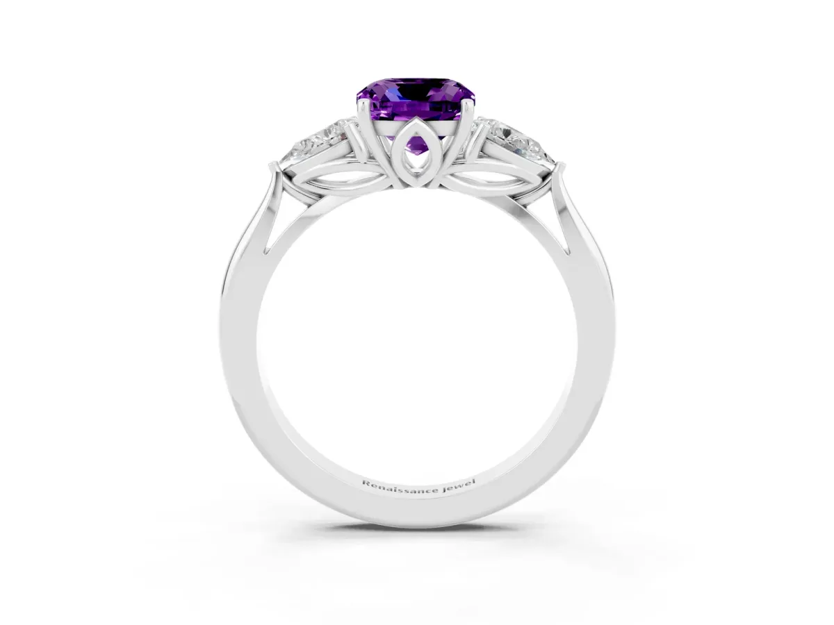 Three-Stone Cushion Cut Amethyst Ring with Pear Side Stones in Four-Prong Setting White gold