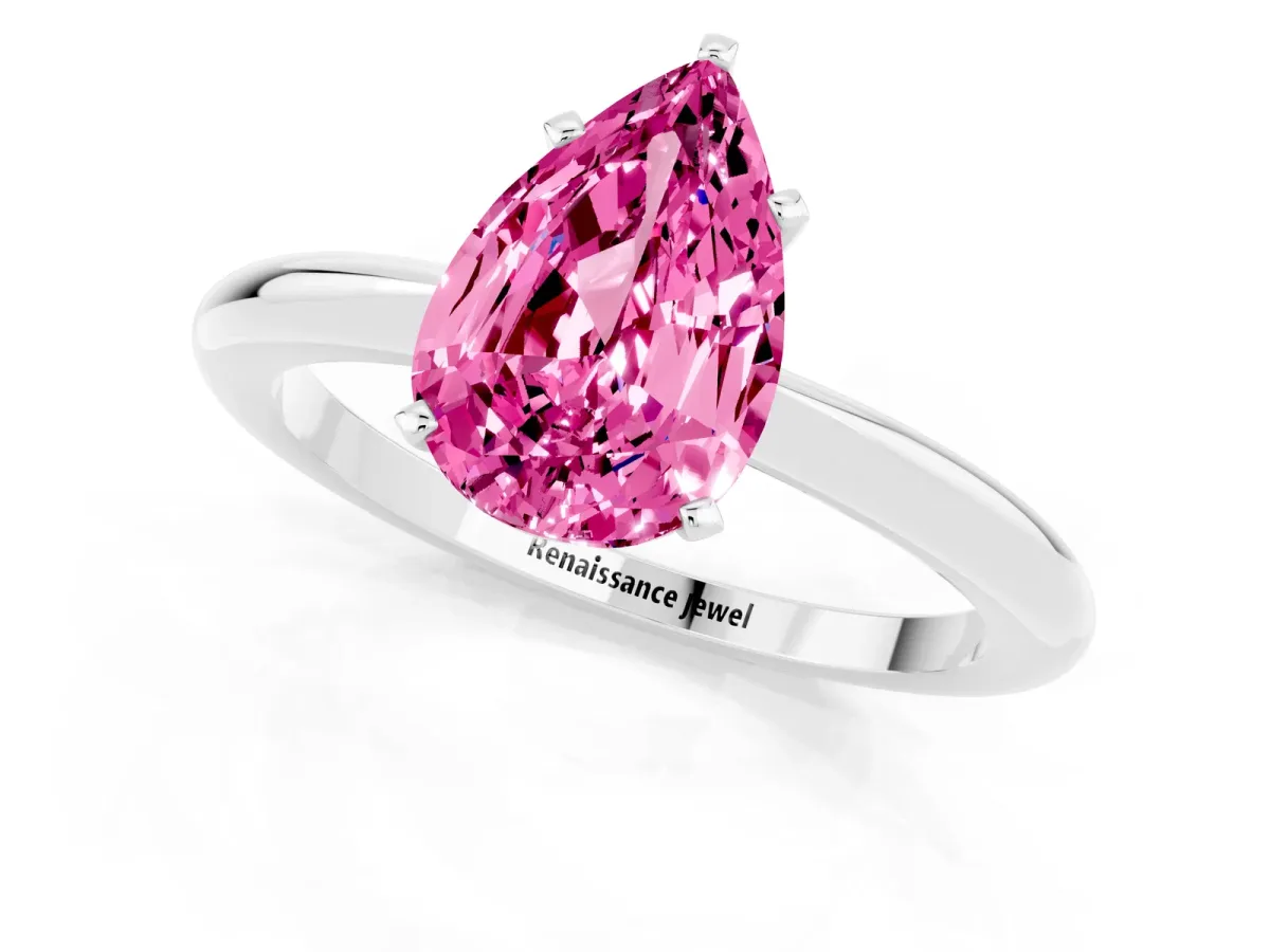 Pear Cut Pink Sapphire Solitaire Ring with Six-Prong Setting and Classic Band Silver