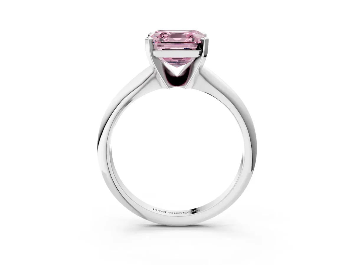 Fancy Pink Asscher Cut Cut Solitaire Ring with Four-Prong Setting on a Classic Band Platinum