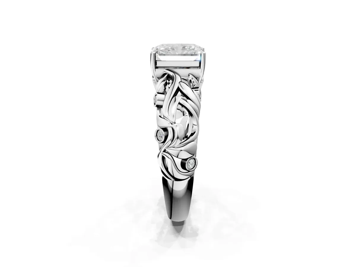 Radiant Cut Solitaire Diamond Leaf-Inspired Vine Band Ring with Prong Setting Platinum