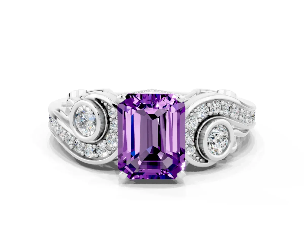 Emerald Cut Amethyst Solitaire Ring with Milgrain Pavé Band and Four-Prong Setting Silver
