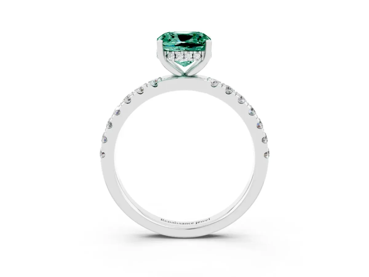 Cushion Cut Green Sapphire Pave Band Solitaire Ring with Round and Prong Setting Silver