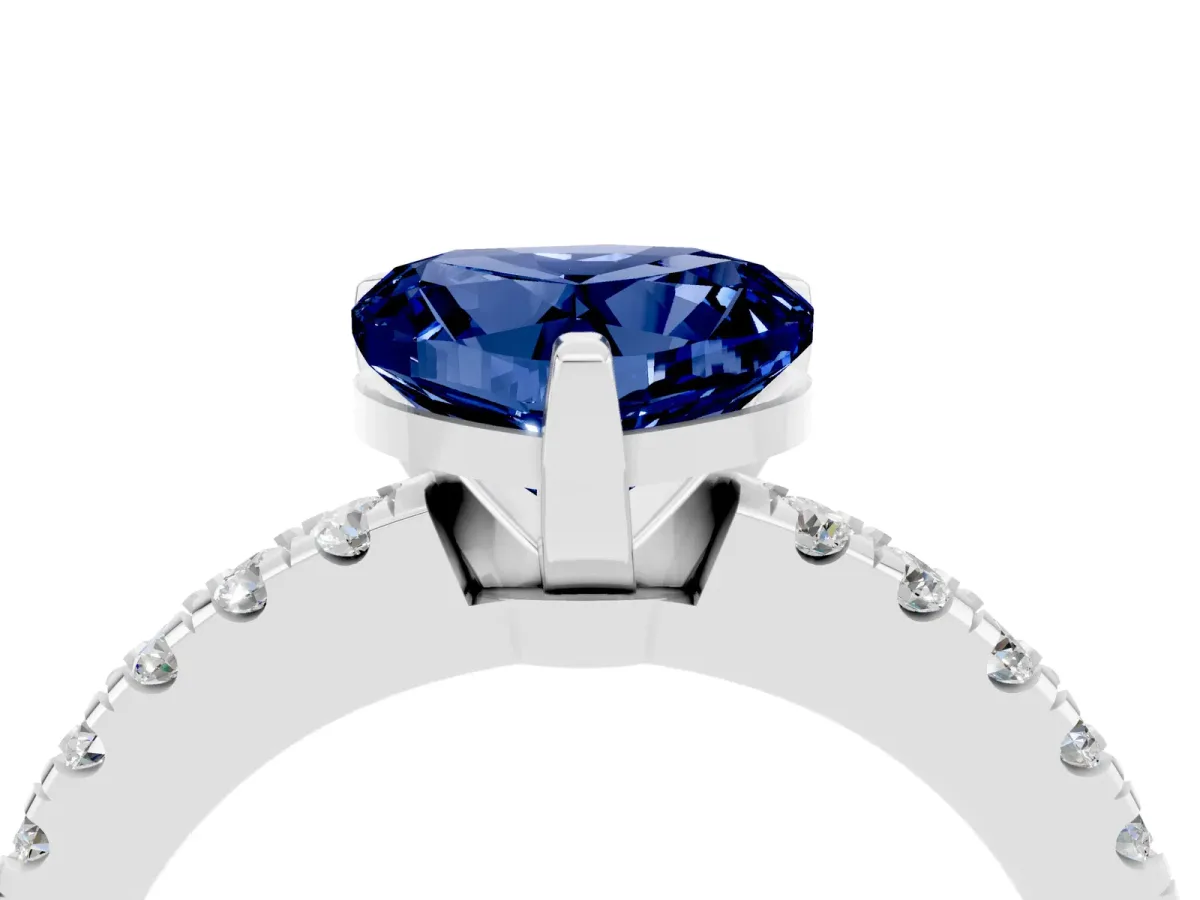 Heart Cut Solitaire Blue Sapphire with Pavé Band and Four-Prong Setting Silver