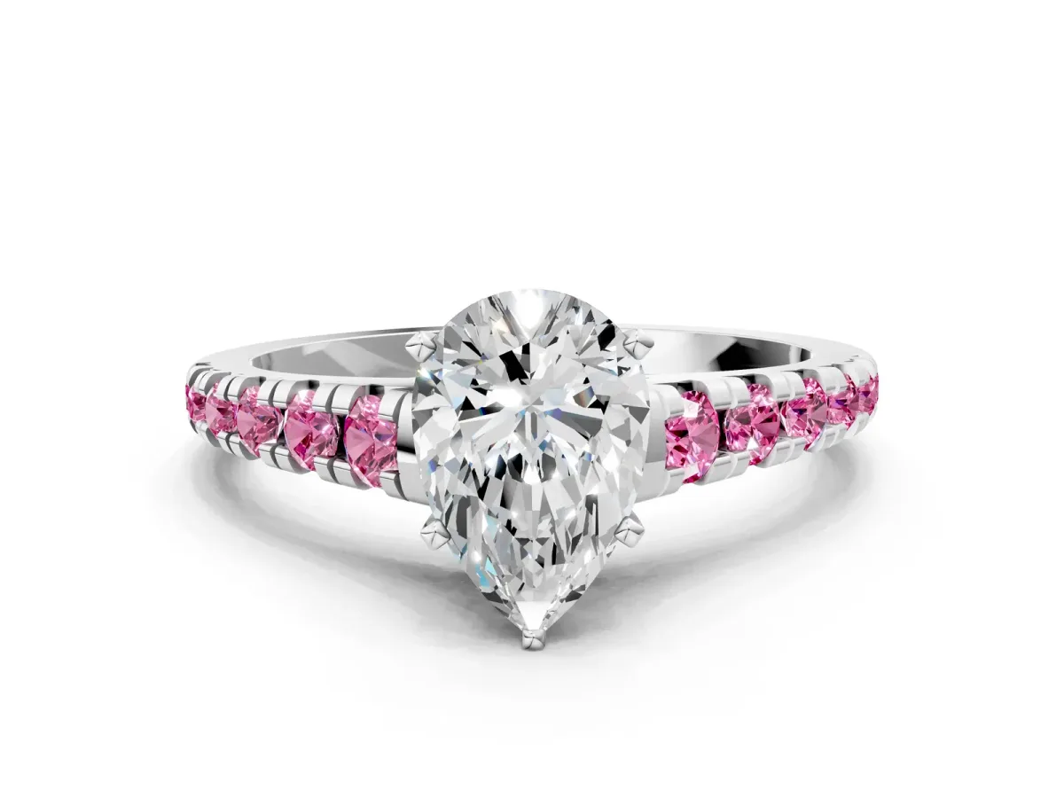 Pear Cut Diamond Cathedral Solitaire Ring with Round Pink Sapphire Pavé Band Silver