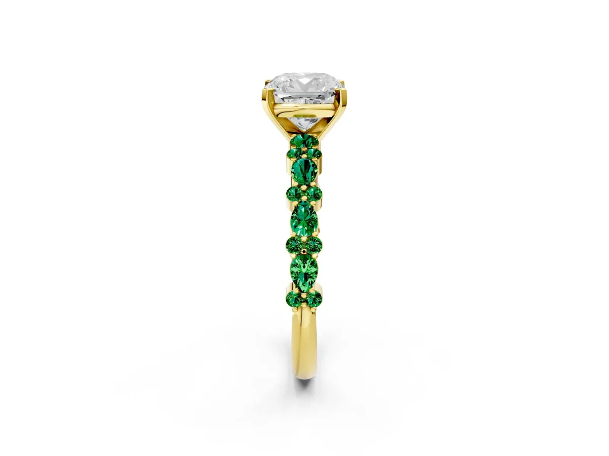 Cushion Cut Diamond Side Stone Solitaire Ring with Round Emerald and Four-Prong Setting Yellow gold