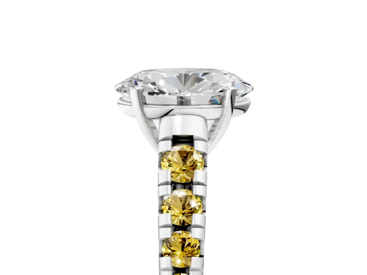Oval Cut Diamond Cathedral Solitaire Ring with Round Yellow Sapphire Pavé Band Silver