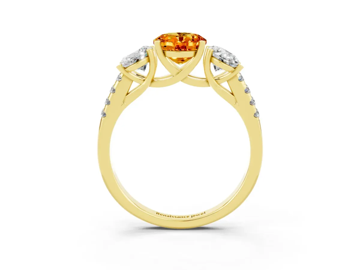 Three-Stone Oval Cut Citrine Ring with Round Pavé Band and Prong Setting Yellow gold