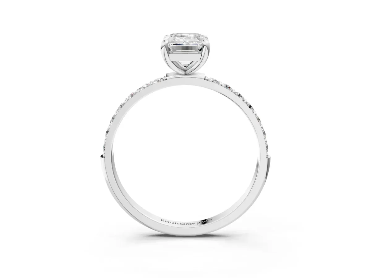 Emerald Cut Diamond Solitaire Ring with Round Pavé Band and Prong Setting Silver