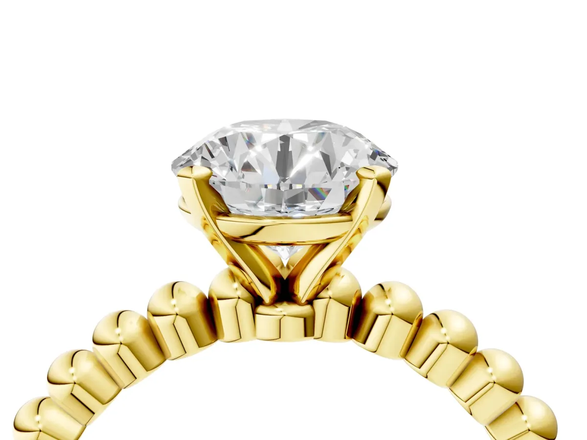 Round Cut Diamond Solitaire Ring with Beaded Band and Prong Setting Yellow gold