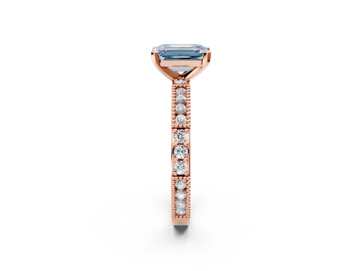 Fancy Blue Emerald Cut Solitaire with Pavé Band and Four-Prong Setting Rose gold