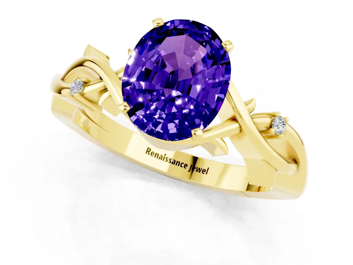 Oval Cut Tanzanite Solitaire Ring with Twisted Band and Prong Setting Yellow gold
