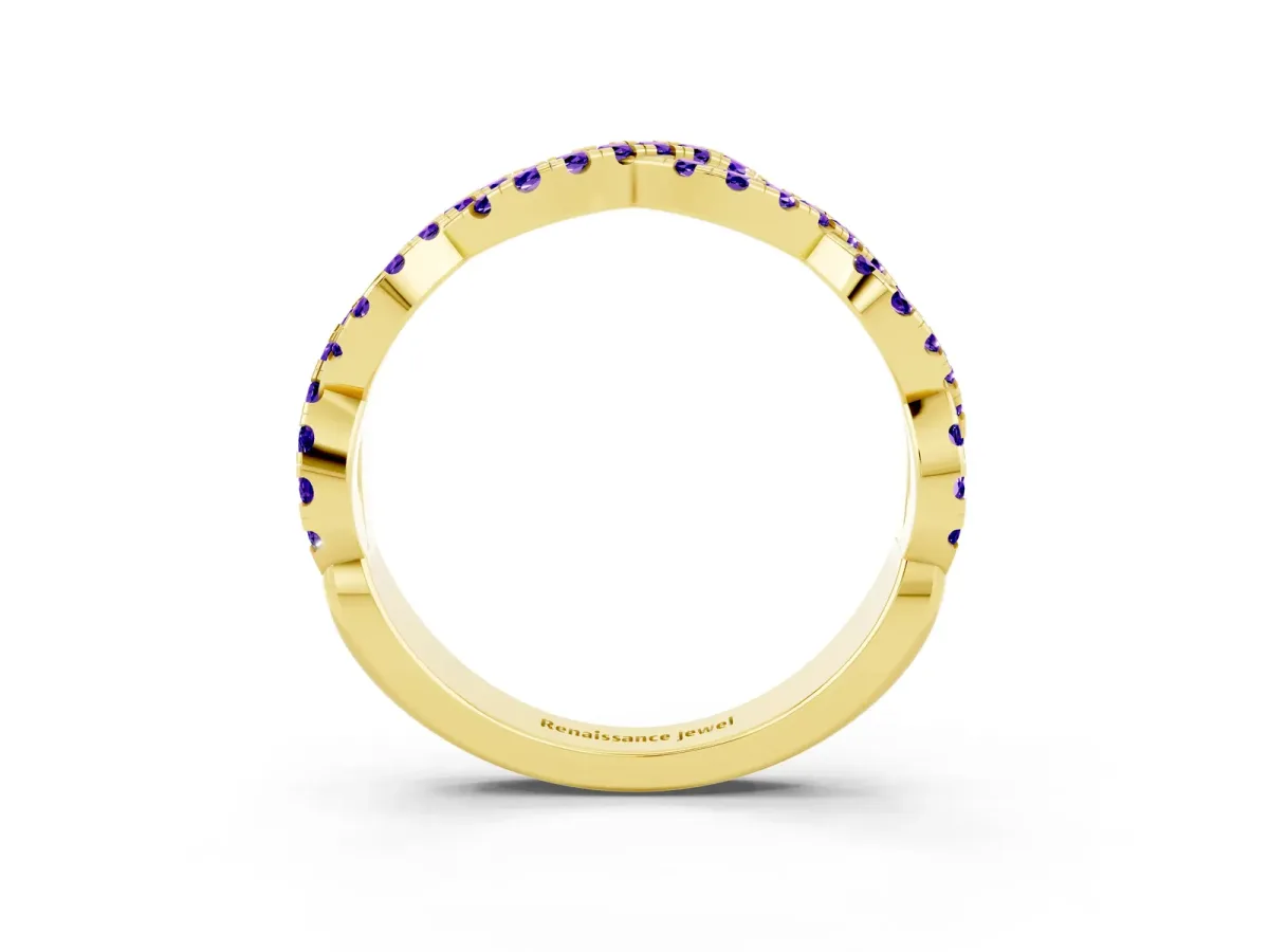 Round Tanzanite Twisted Eternity Band with Pavé and Shared Prong Setting Yellow gold