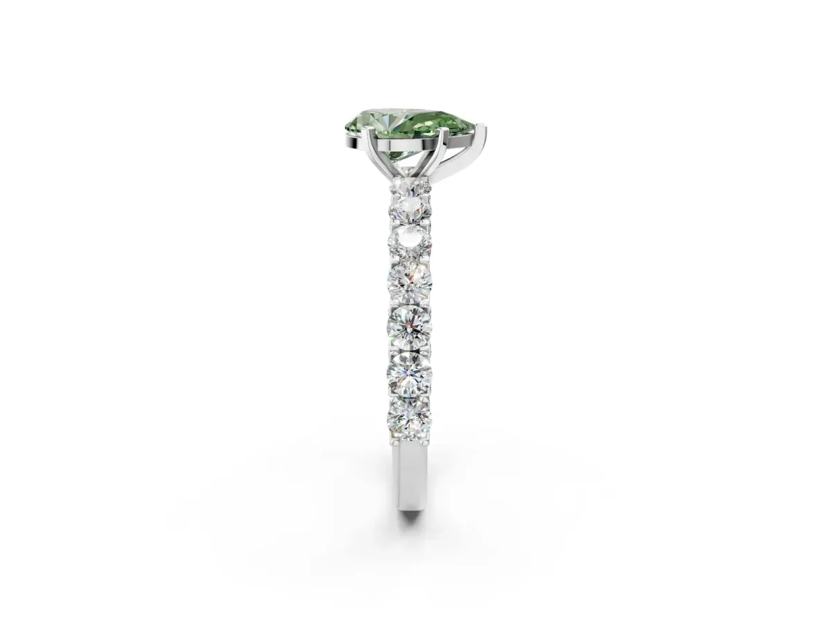 Fancy Green Pear Cut Diamond Solitaire Ring with Shared Prong Pavé Band and Four-Prong Setting Silver