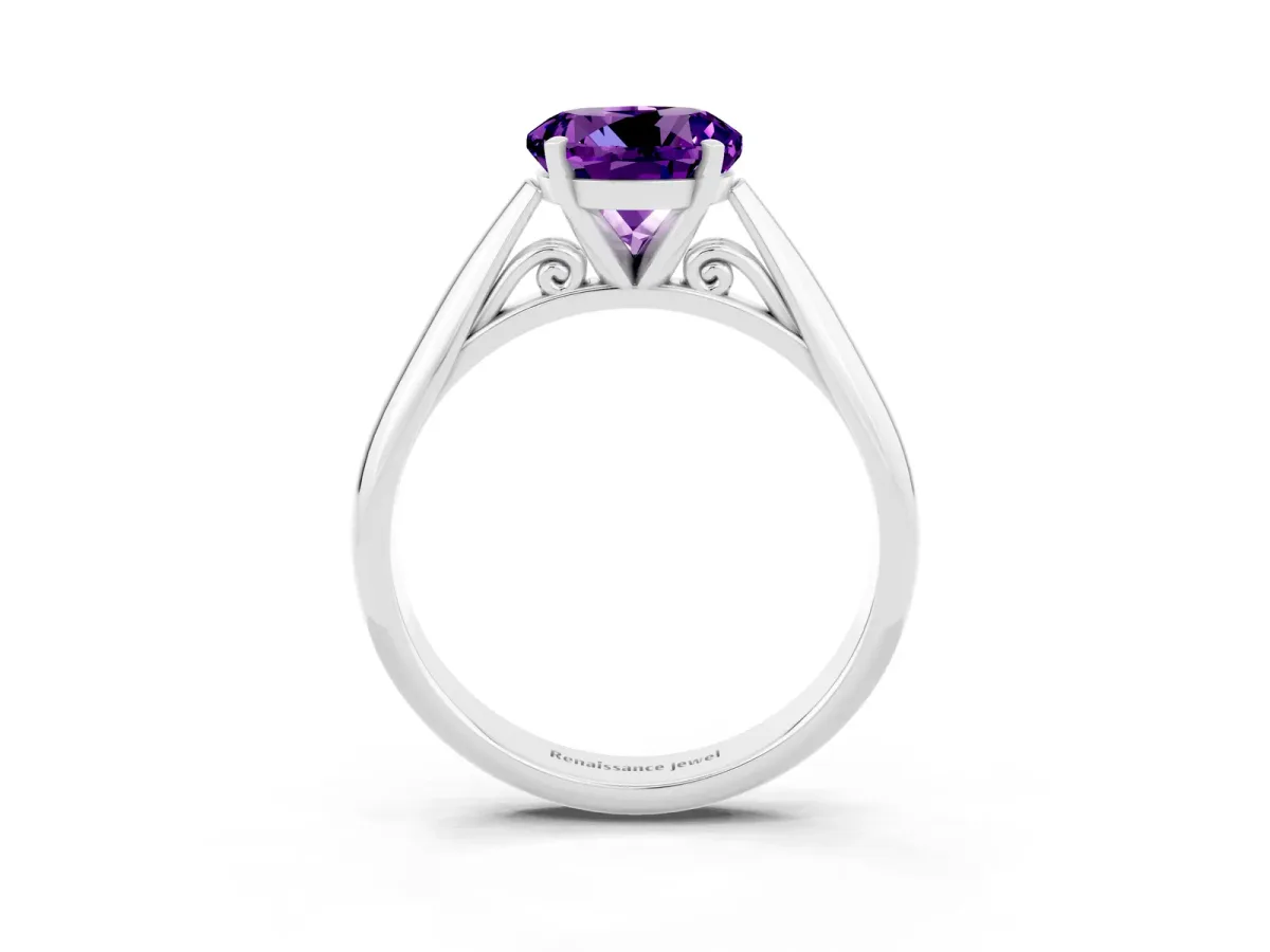 Round Cut Amethyst Solitaire Engagement Ring with Cathedral Setting and Four-Prong Mount White gold