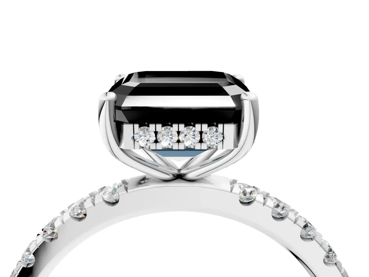 Fancy Black Asscher Cut Diamond Pave Band Solitaire Ring with Round and Prong Setting Platinum