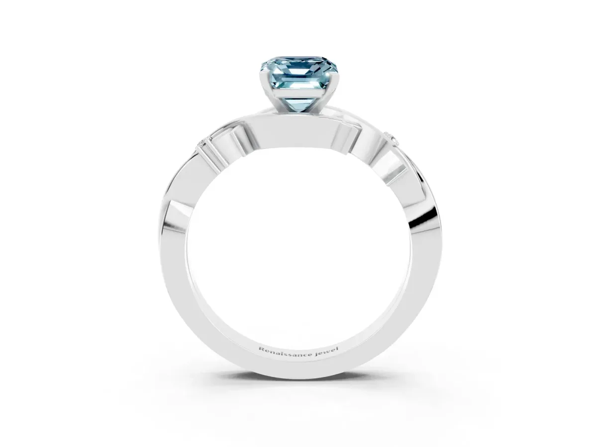 Emerald Cut Aquamarine Solitaire Ring with Twisted Band and Prong Setting Platinum