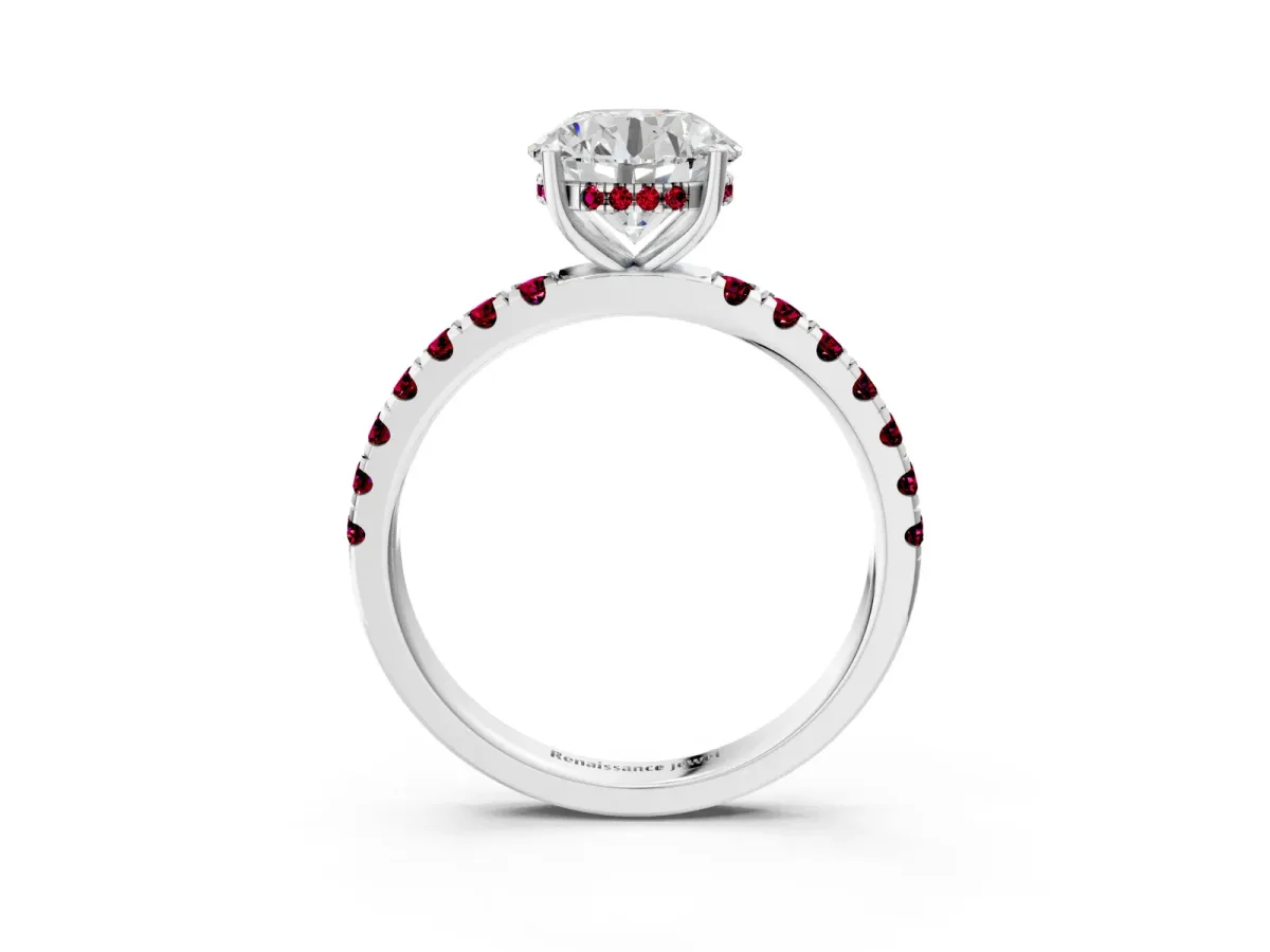 Round Cut Diamond Pave Band Solitaire Ring with Round Tanzanite and Prong Setting Platinum