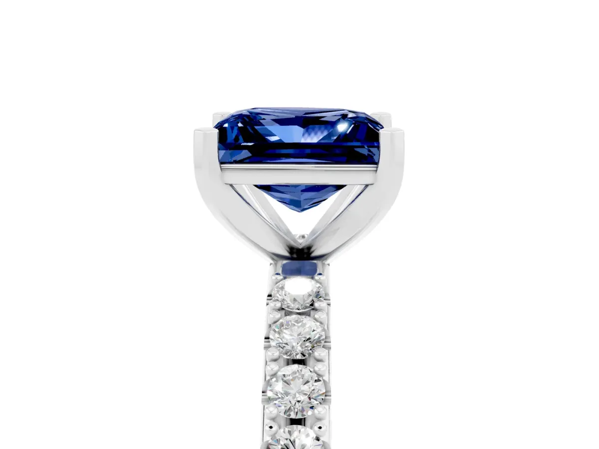 Princess Cut Blue Sapphire Solitaire Pavé Band with Four-Prong Setting Silver