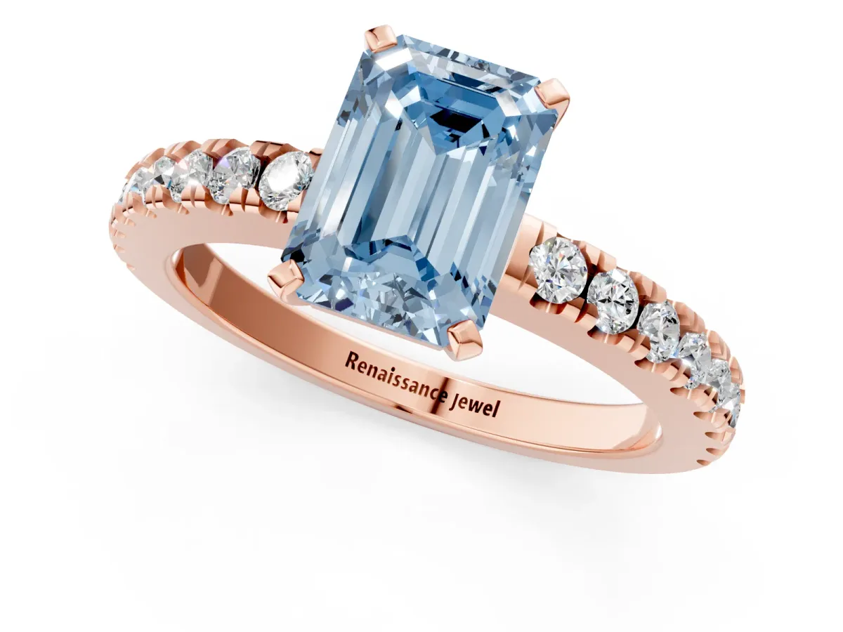 Fancy Blue Emerald Cut Solitaire Diamond with Pavé Band and Four-Prong Setting Rose gold