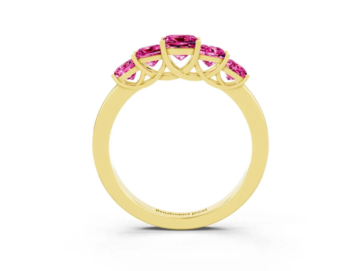 Princess Cut Five-Stone Pink Sapphire Ring with Classic Prong Setting Yellow gold