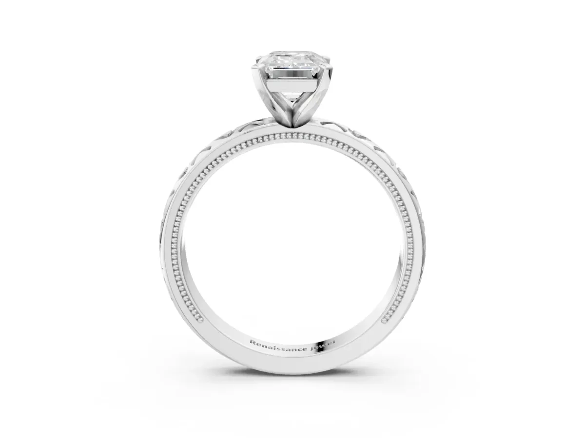 Emerald Cut Solitaire Diamond Engagement Ring with XO Engraved Band and Four-Prong Setting Platinum