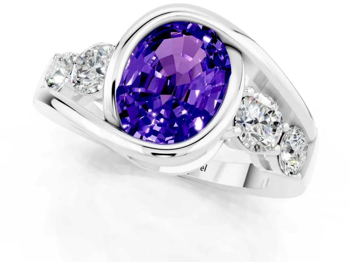 Bezel Set Oval Cut Tanzanite Bypass Ring with Round Accents Silver