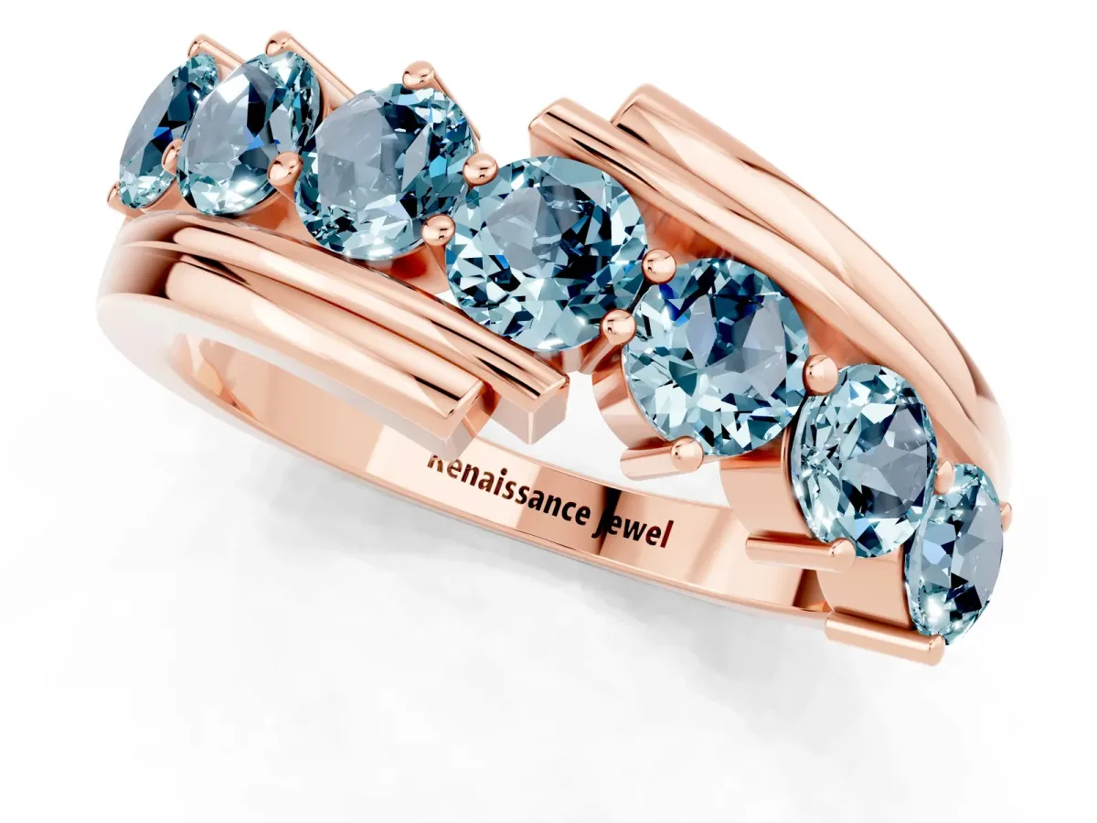 Round Aquamarine Wave Band with Channel and Shared Prong Setting Rose gold