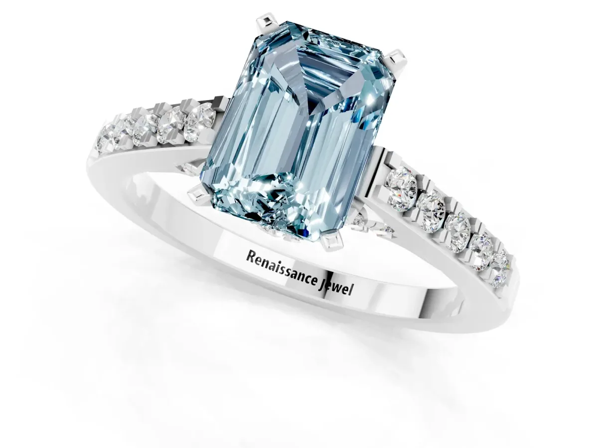 Emerald Cut Aquamarine Solitaire Ring with Crossover Gallery and Round Pavé Band Silver